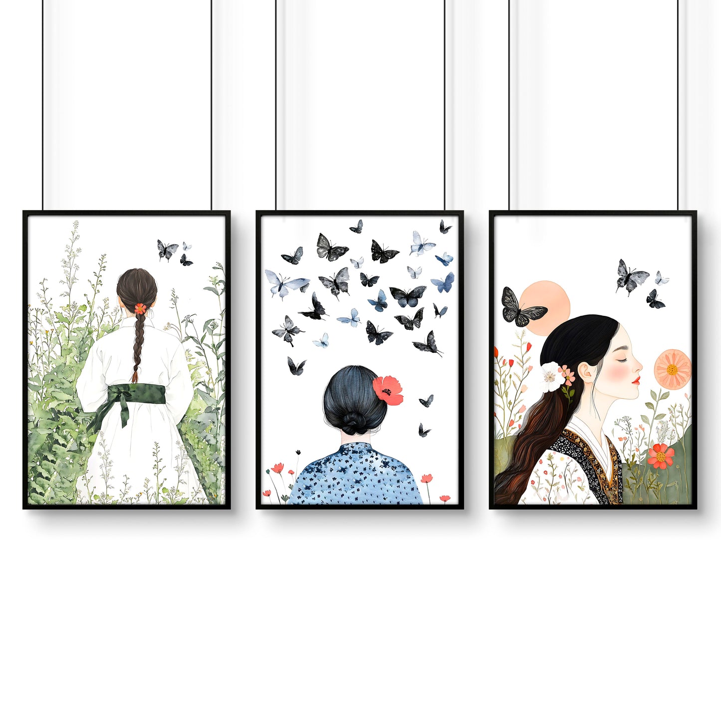 Canvas Pictures For Living Room | Set of 3 Boho Women Wall art Prints