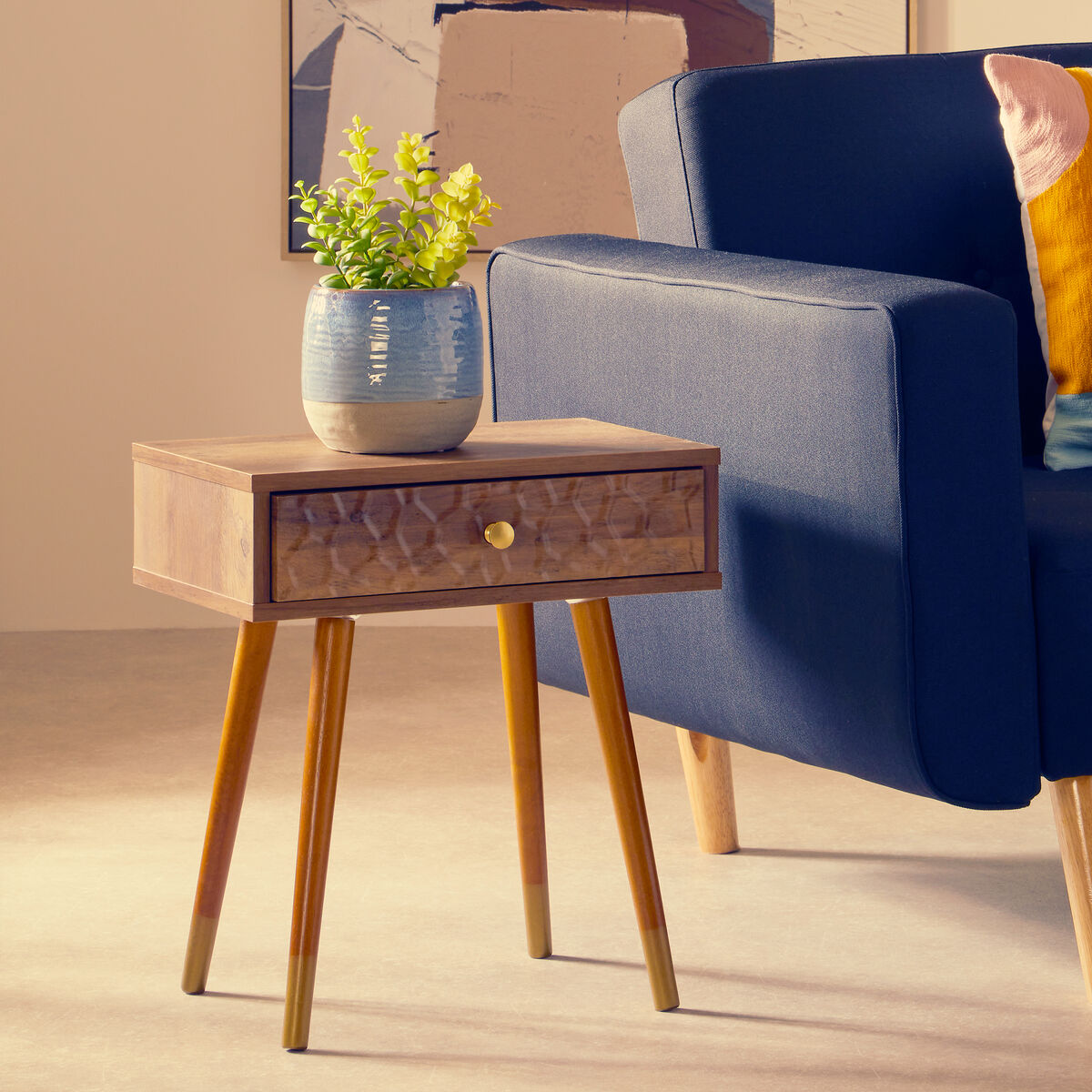 Natural Brown Wood Effect Bedside Table with 1 Drawer