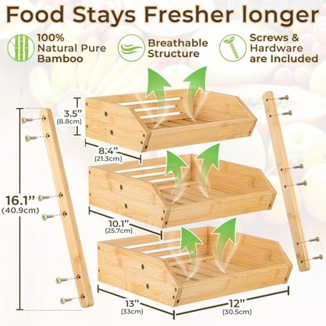 3-Tier Bamboo Fruit & Vegetable Storage Organiser