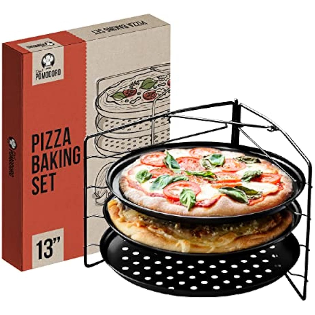Pizza Baking Set with 3 Pizza Pans and Pizza Rack
