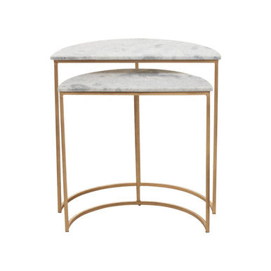 Nest of 2 White Marble Top Semicircular Side Tables
