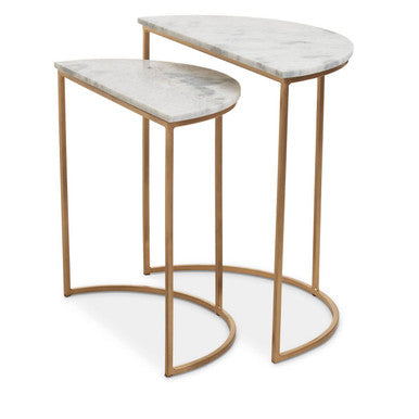 Nest of 2 White Marble Top Semicircular Side Tables