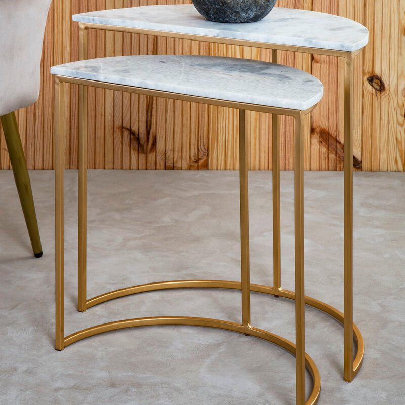Nest of 2 White Marble Top Semicircular Side Tables
