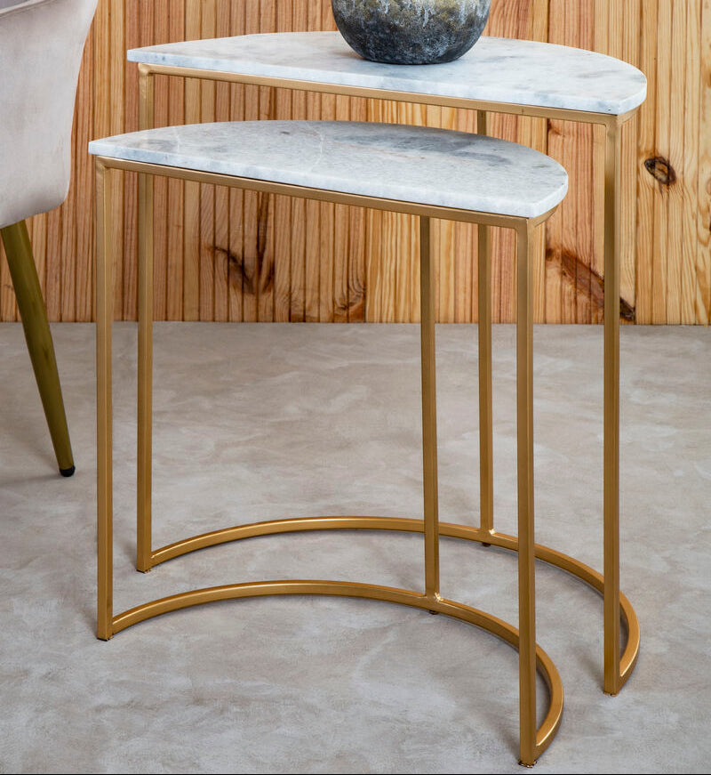 Nest of 2 White Marble Top Semicircular Side Tables