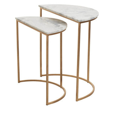Nest of 2 White Marble Top Semicircular Side Tables