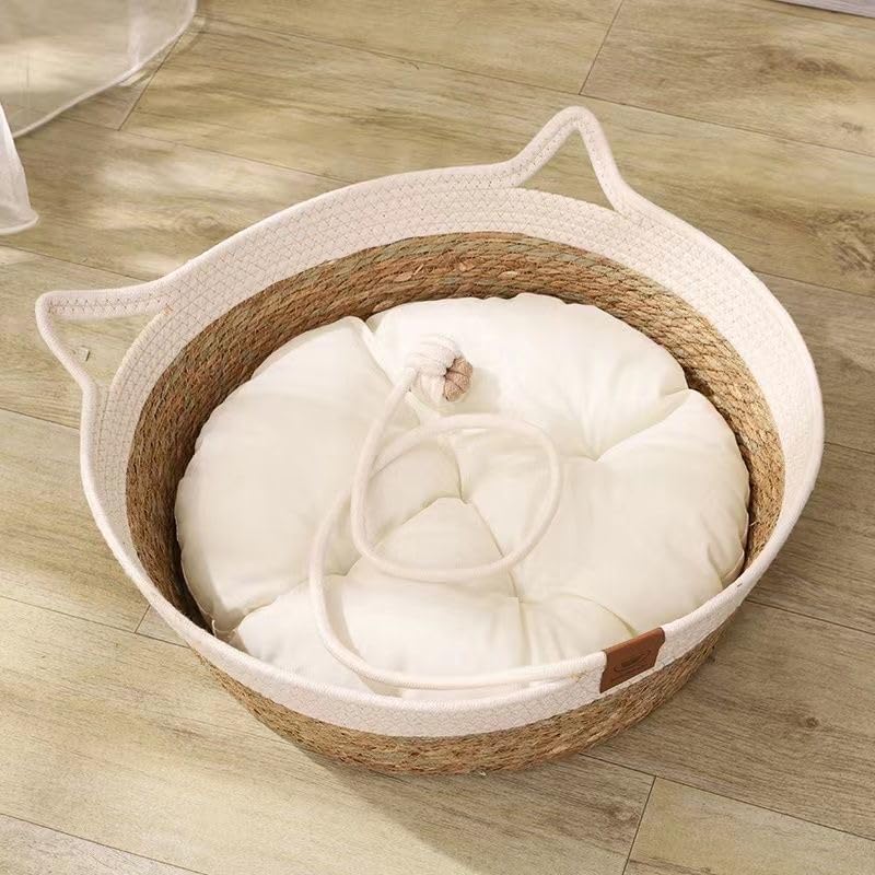 Rattan Cat Basket Bed with Cotton Cushion and Pillow