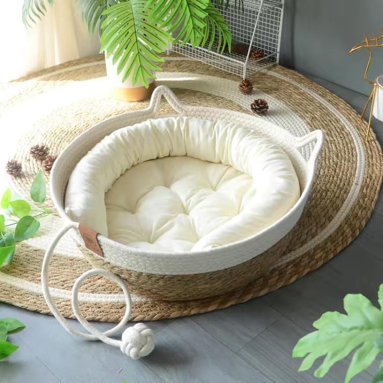 Rattan Cat Basket Bed with Cotton Cushion and Pillow