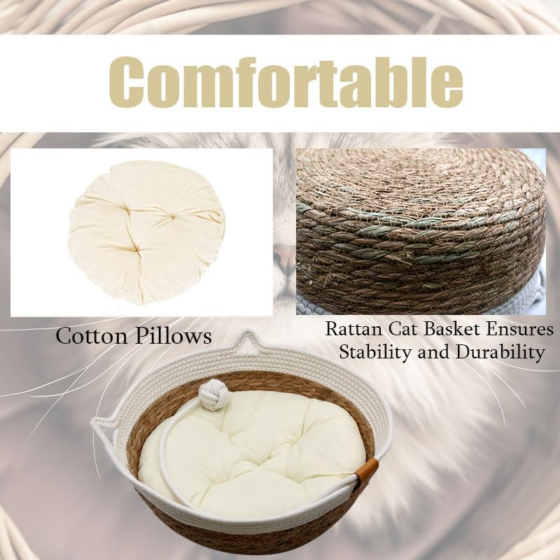 Rattan Cat Basket Bed with Cotton Cushion and Pillow