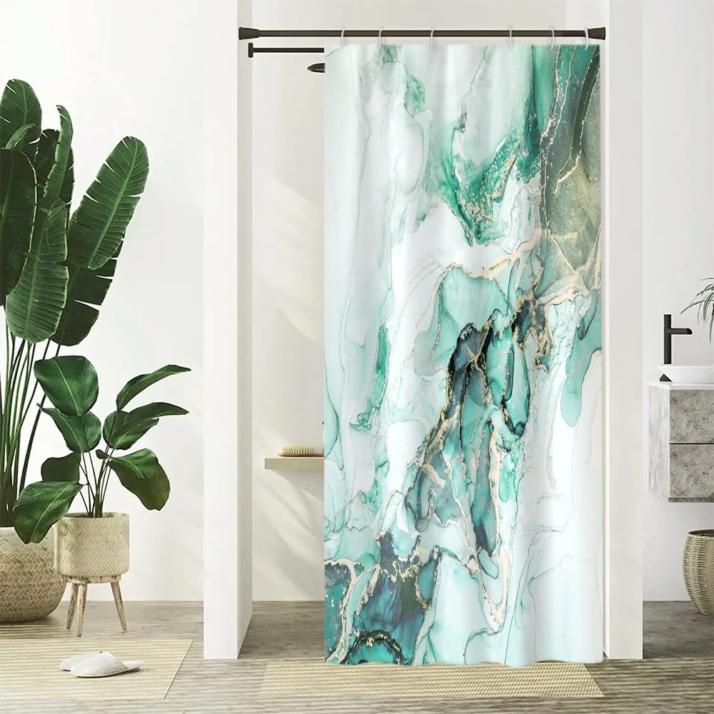 Marble Shower Curtain, Turquoise Gold Effect Set with 6 Hooks
