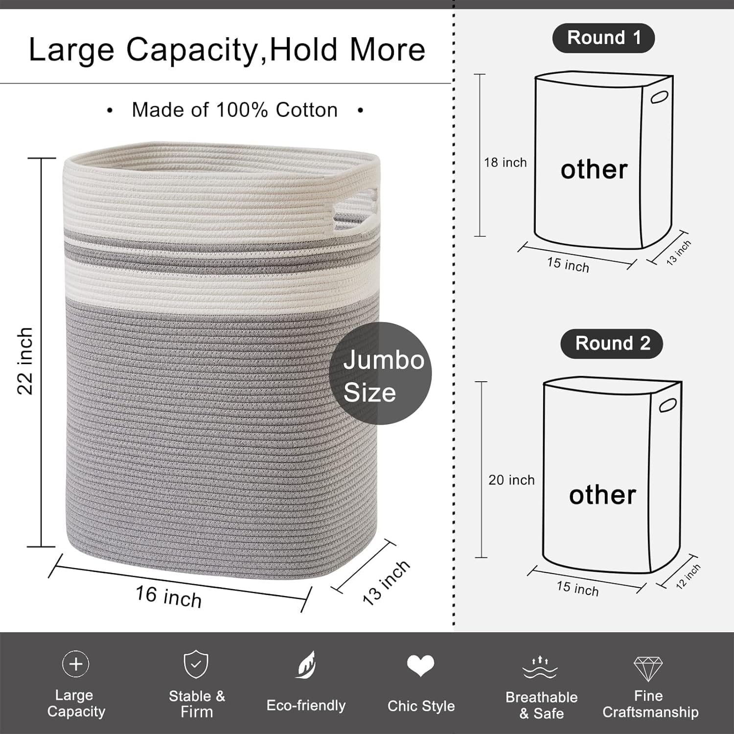 Laundry Hamper - Tall Cotton Storage Basket With Handles
