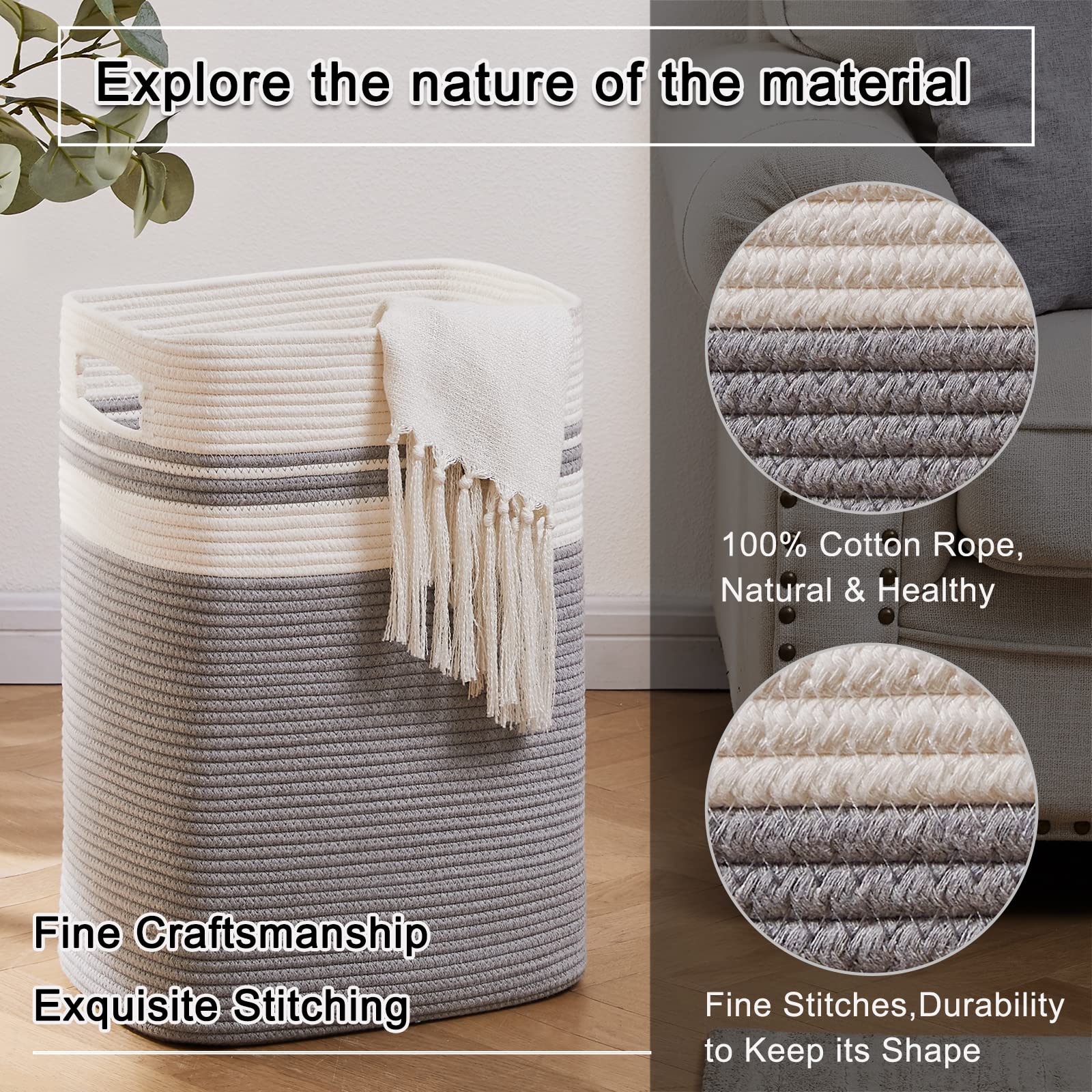 Laundry Hamper - Tall Cotton Storage Basket With Handles