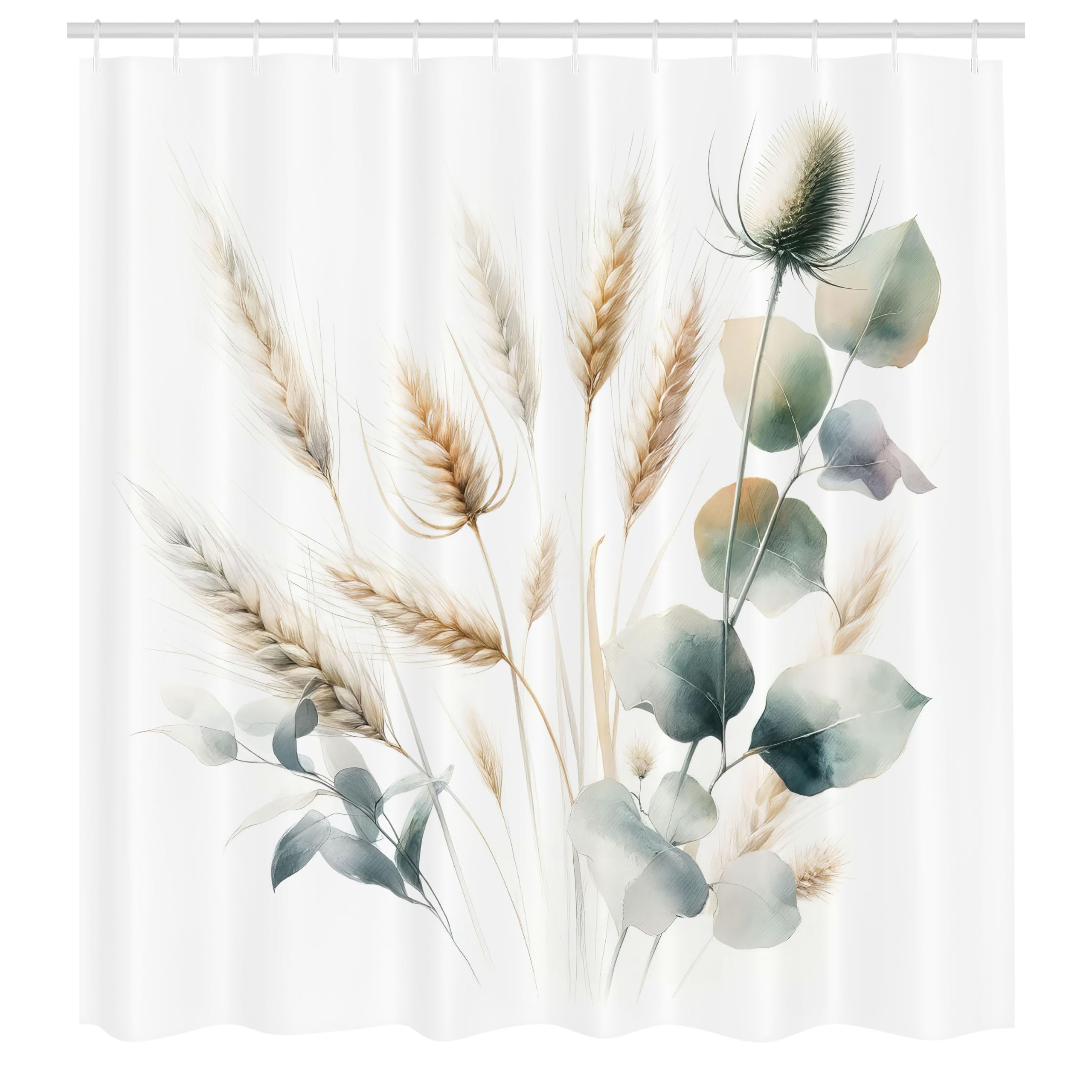 Boho Shower Curtain, Aquarelle Wheat Eucalyptus Art Set with Hooks