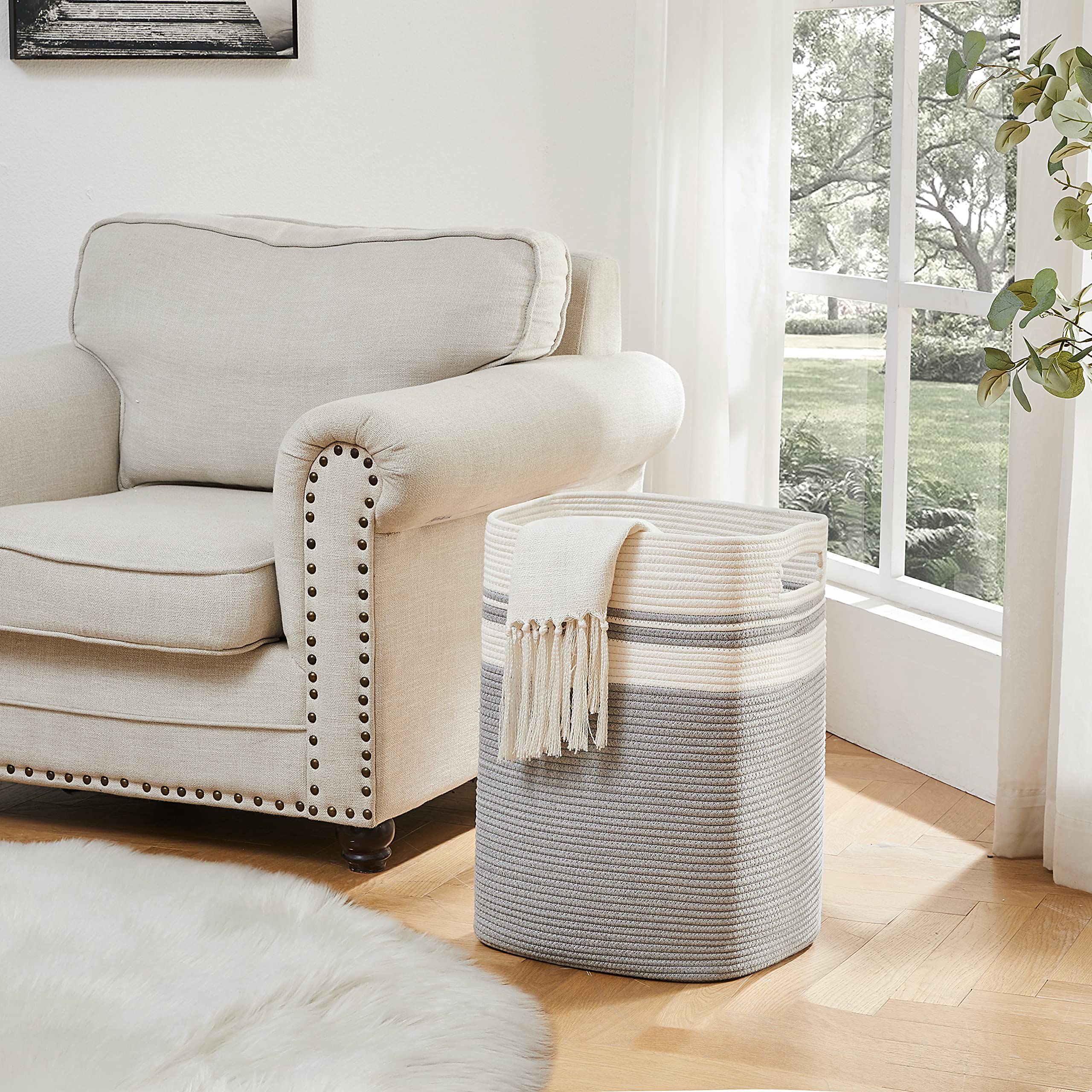 Laundry Hamper - Tall Cotton Storage Basket With Handles