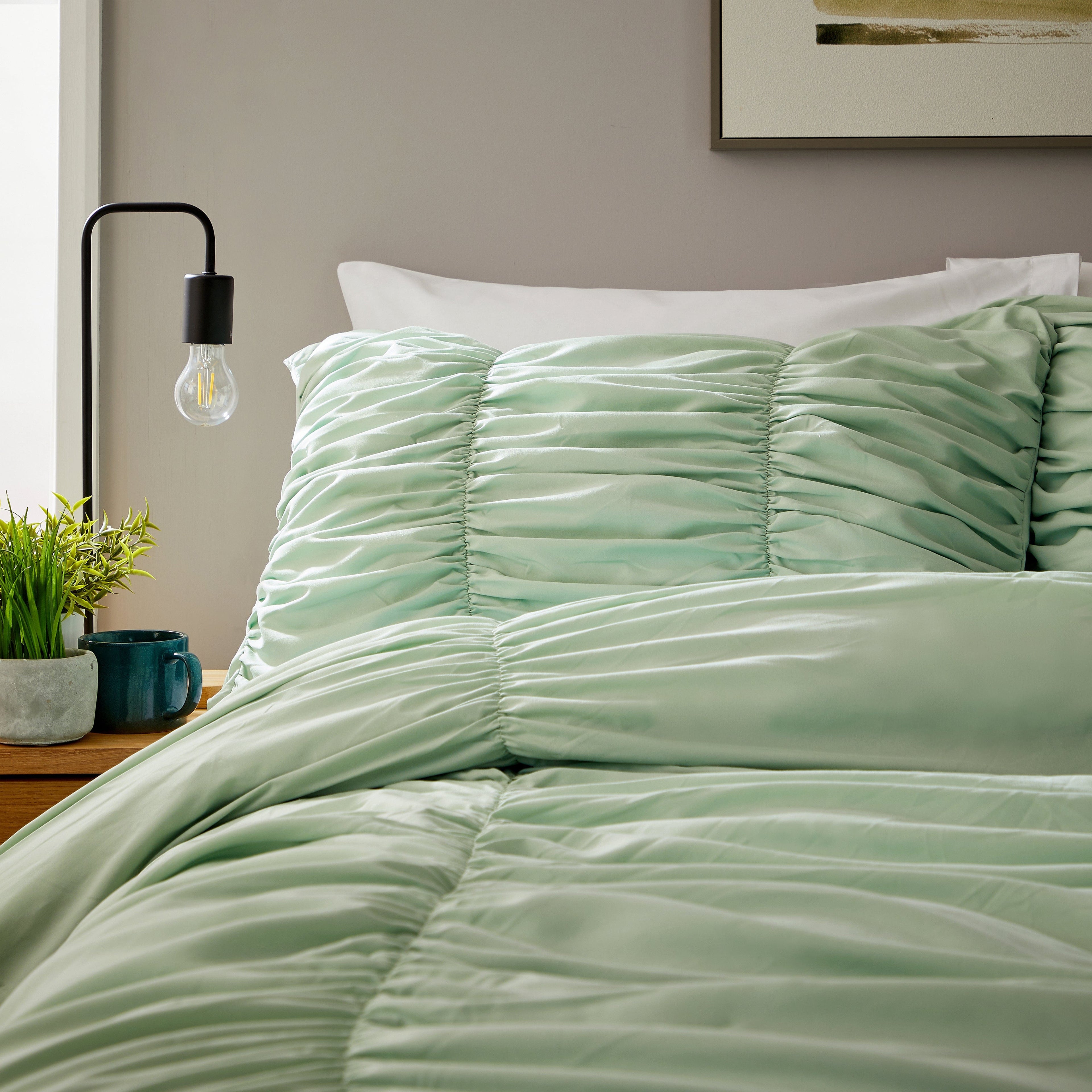 Ruched Sage Green Microfibre Duvet Cover Set
