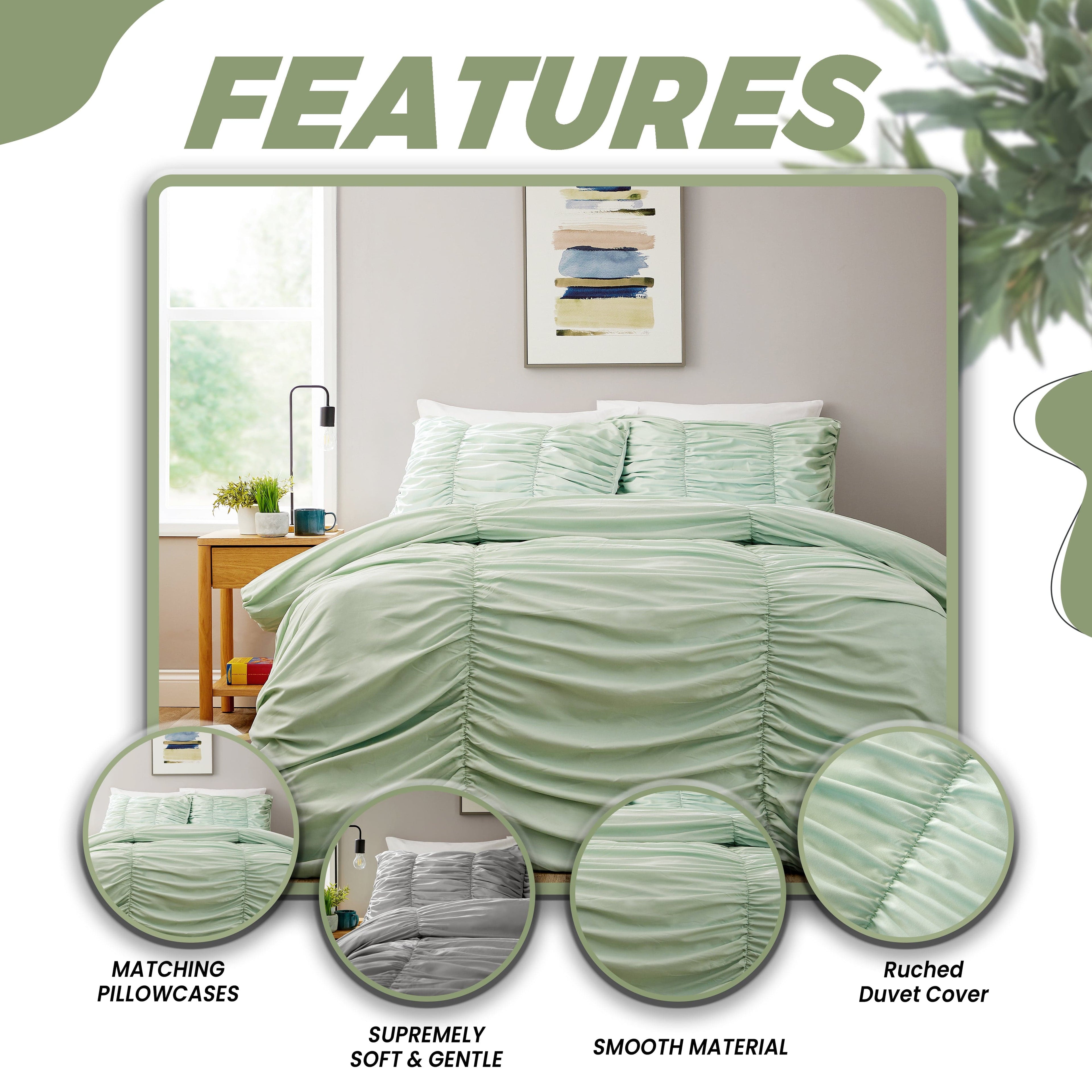 Ruched Sage Green Microfibre Duvet Cover Set